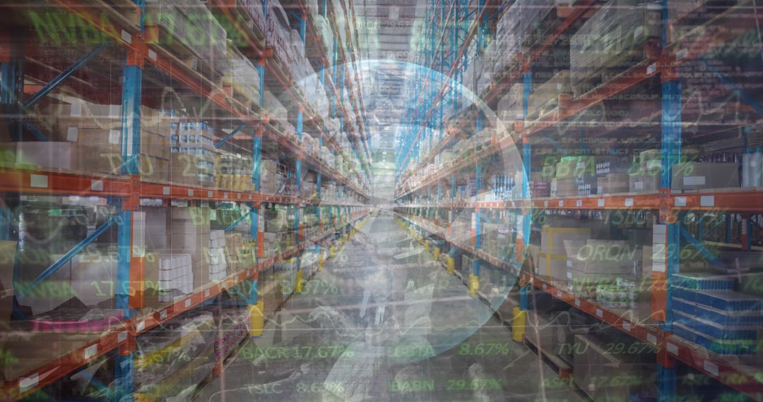 Warehouse Aisle with Market Data Overlay Symbolizing Industry Connection