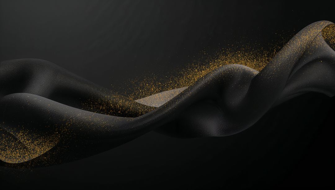 Twisting Matte Black Ribbon with Gold Dust Trail on Dark Minimal Abstract Background