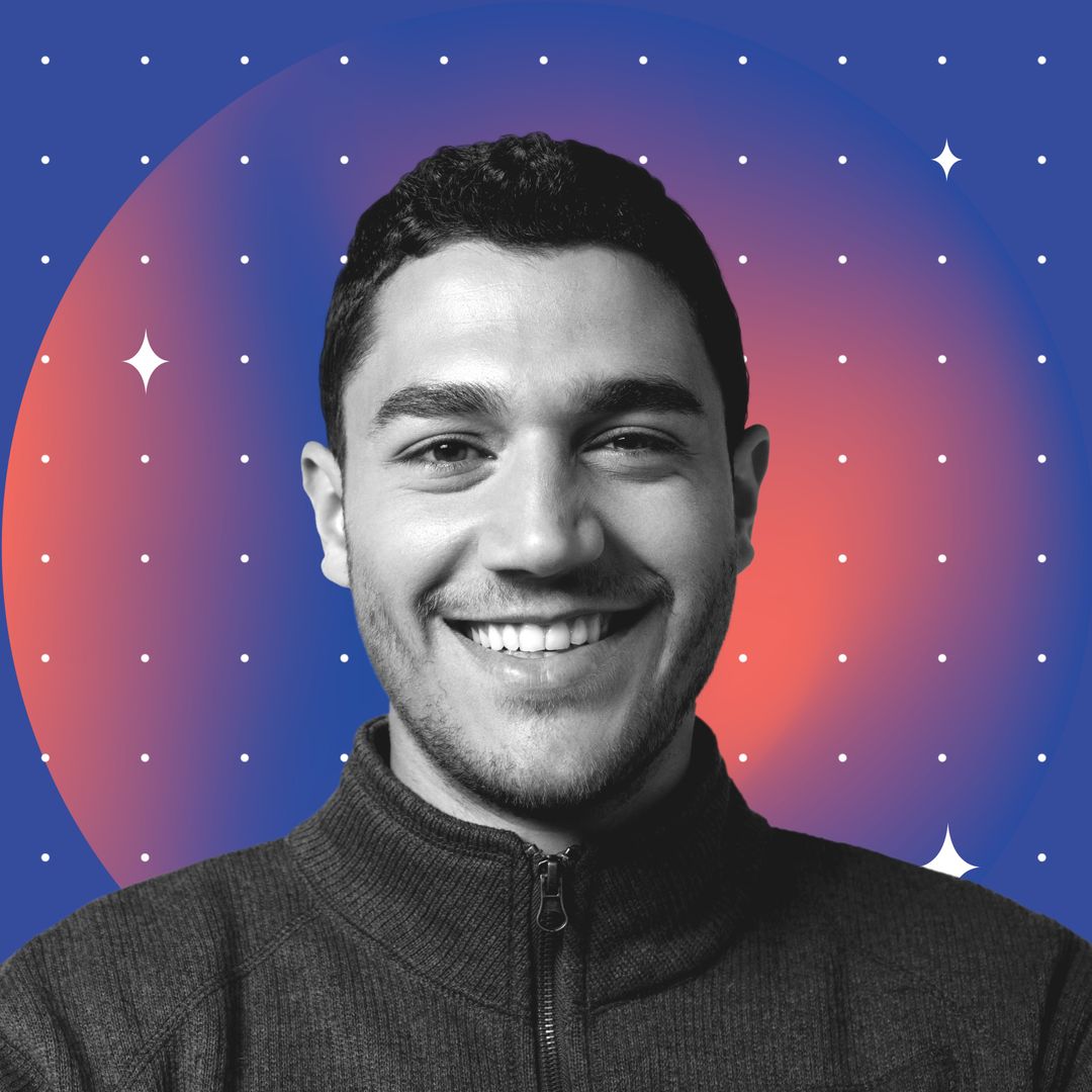 Smiling Caucasian Man on Vibrant Celestial Background