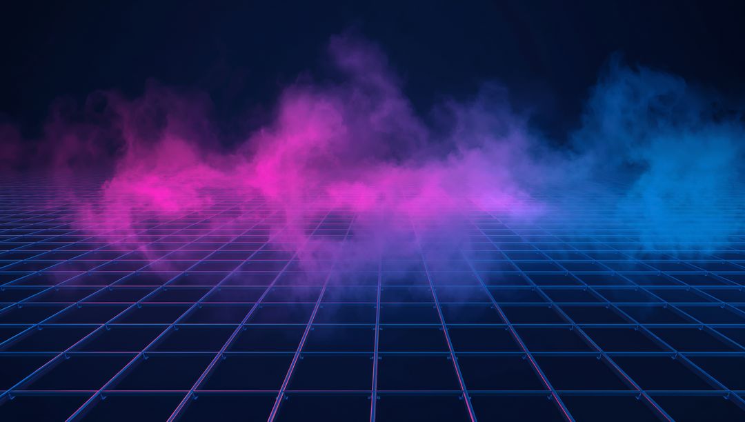 Hovering neon mist blending magenta into cyan over retro grid horizon vaporwave cyberpunk