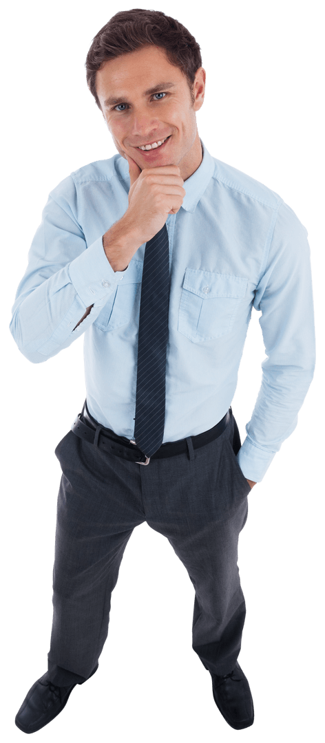 Friendly Businessman Smiling in Thoughtful Pose on Transparent Background