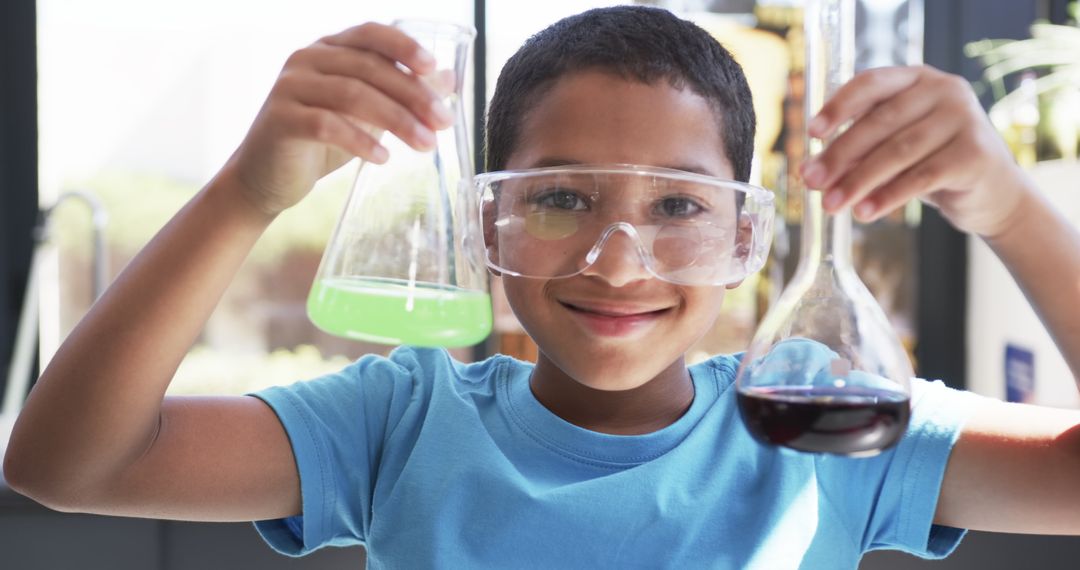 Young Student Conducting Science Experiment with Beakers