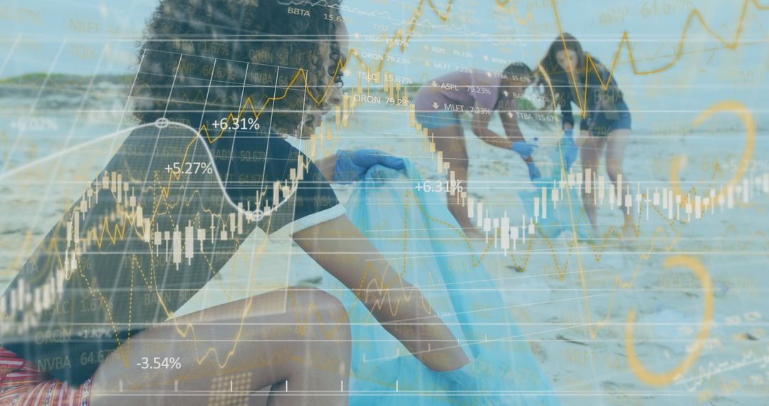 Team Collecting Litter with Stock Market Overlay on Beach