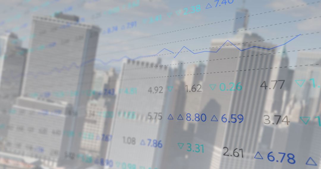 Digital Stock Market Interface with Cityscape Background