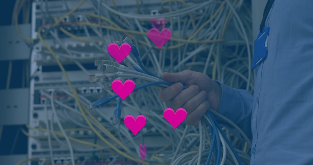 Businessman with Network Cables and Hearts in Server Room