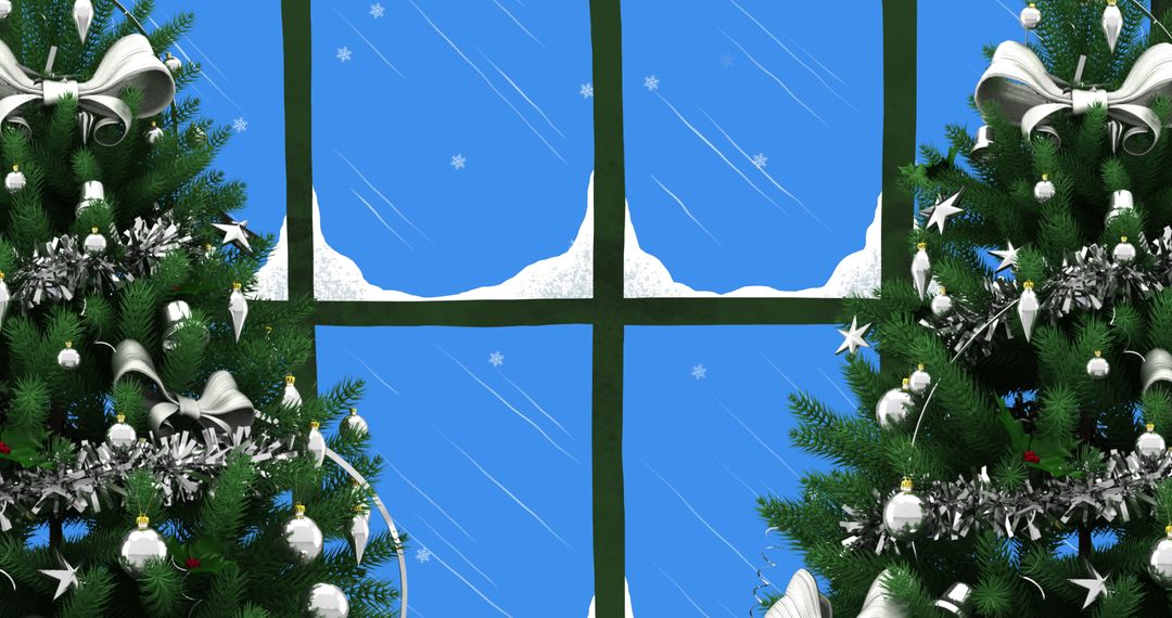 Christmas Scene with Snowy Window View and Ornamented Trees - Free Images, Stock Photos and Pictures on Pikwizard.com