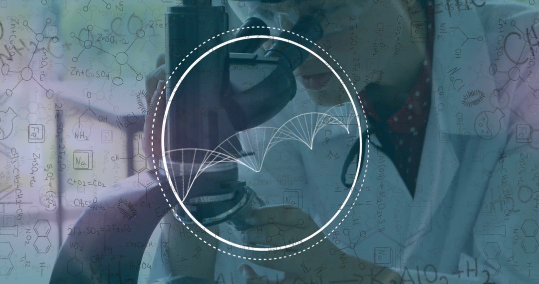 Scientist Examining Microscope with DNA and Chemistry Overlay