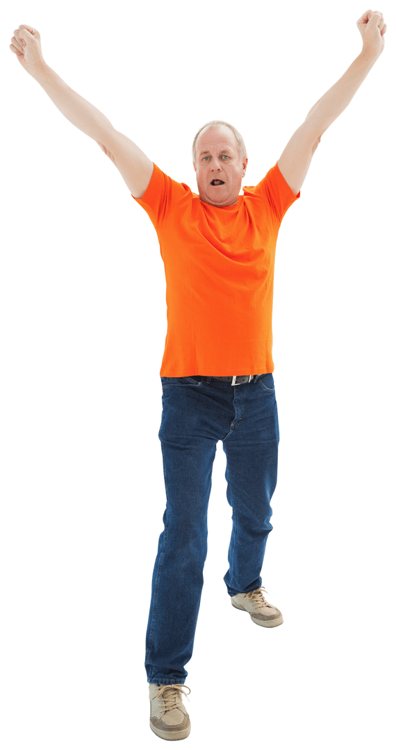 Energetic Mature Man in Orange T-Shirt Cheering Transparent Background