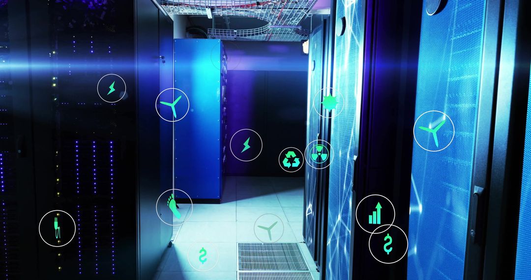 Futuristic Data Center with Energy Efficiency Icons
