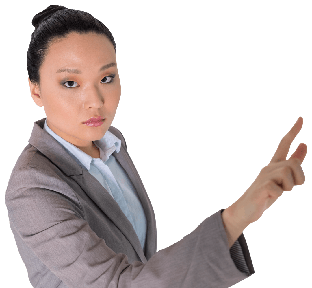 Professional Businesswoman Pointing with Serious Expression on Transparent Background