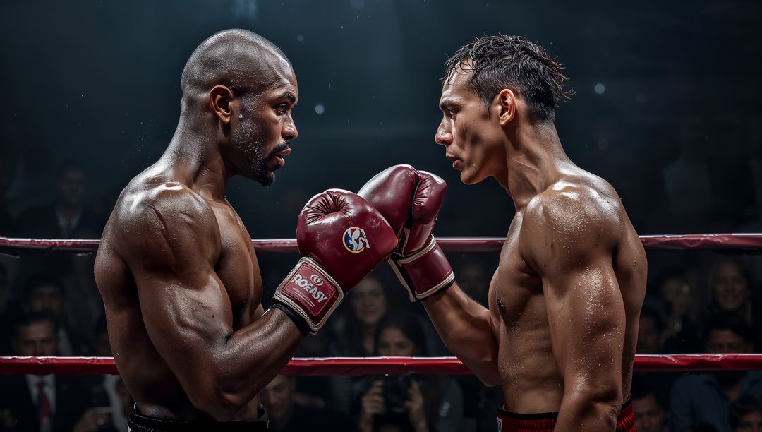 Two Boxers Facing Off in Intense Boxing Match Under Spotlights