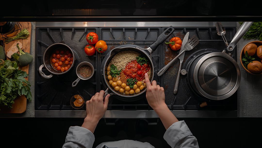 Chef Preparing Quinoa and Chickpea Dish on Rustic Stovetop