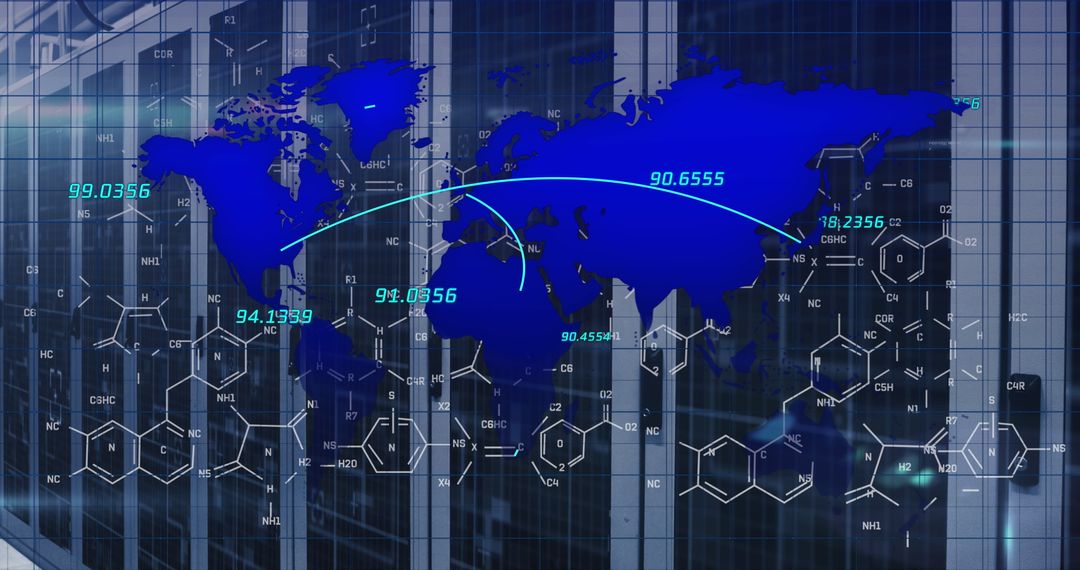 Digital World Map Overlay on Modern Server Room Illustrating Global Connectivity
