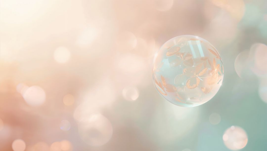 Floating clear bubble with golden leaf motifs over pastel bokeh, soft glow and copy space