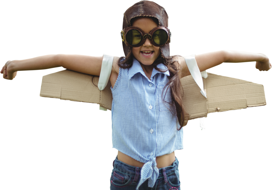 Happy Girl in Pilot Costume with Cardboard Wings on Transparent Background - Download Free Stock Images Pikwizard.com