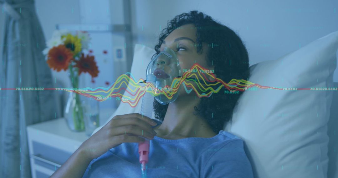 African American Woman Wearing Oxygen Mask with Data Visualization Overlay