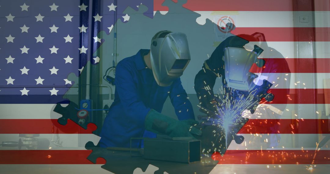 Welders Working with American Flag Puzzle Overlay