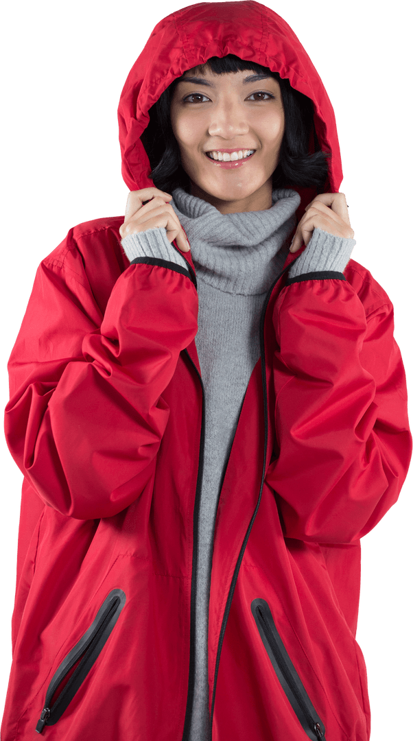 Transparent Smiling Woman in Red Hooded Jacket
