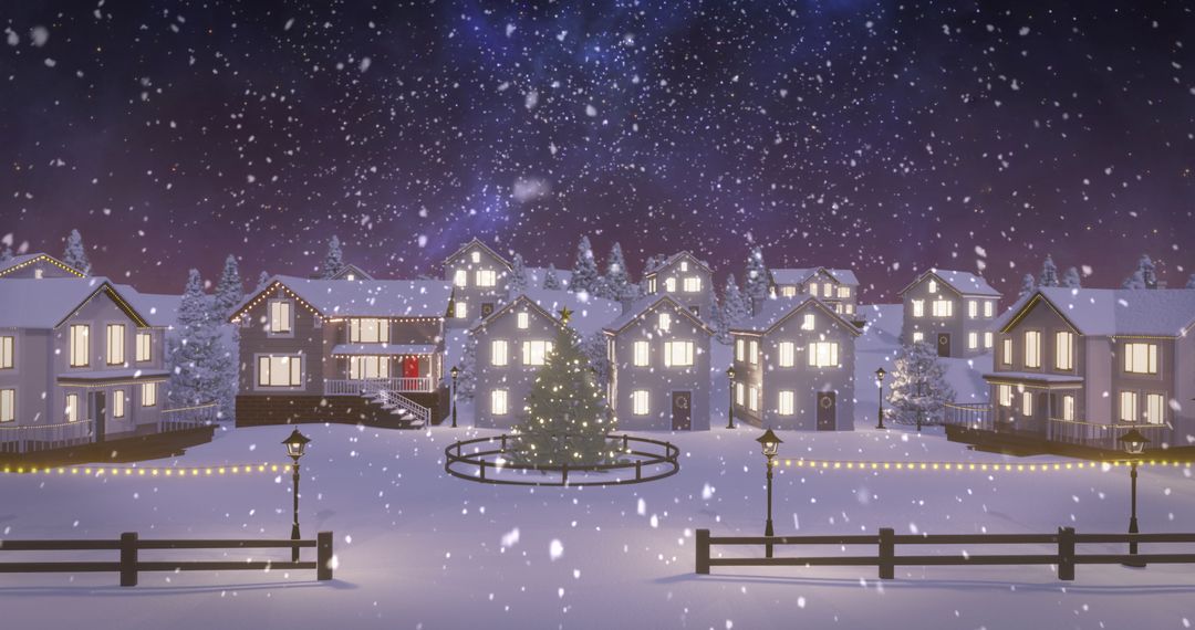 Winter Night Village with Glowing Christmas Tree and Snowfall