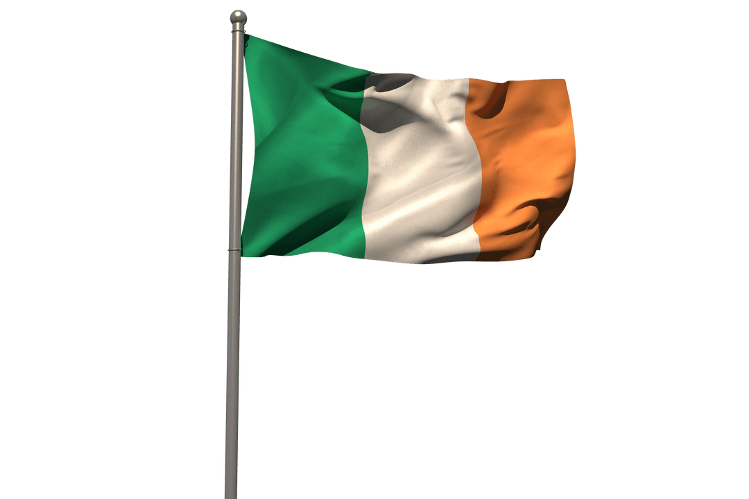Transparent Irish Flag on Metal Pole Against Clear Background