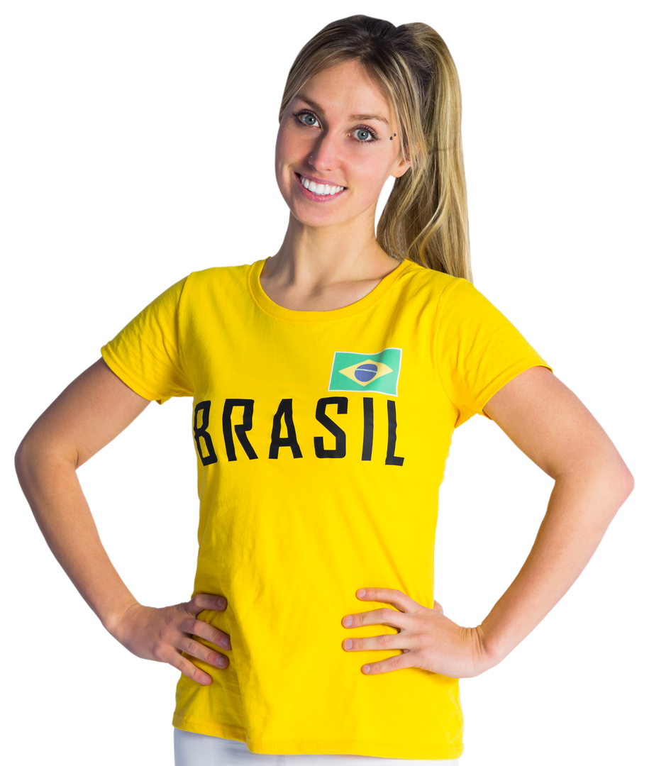 Smiling Woman in Transparent Brazil T-shirt on White Background - Download Free Stock Images Pikwizard.com