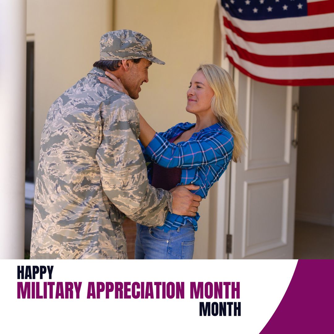Joyful Reunion of Caucasian Military Couple Celebrating Appreciation Month