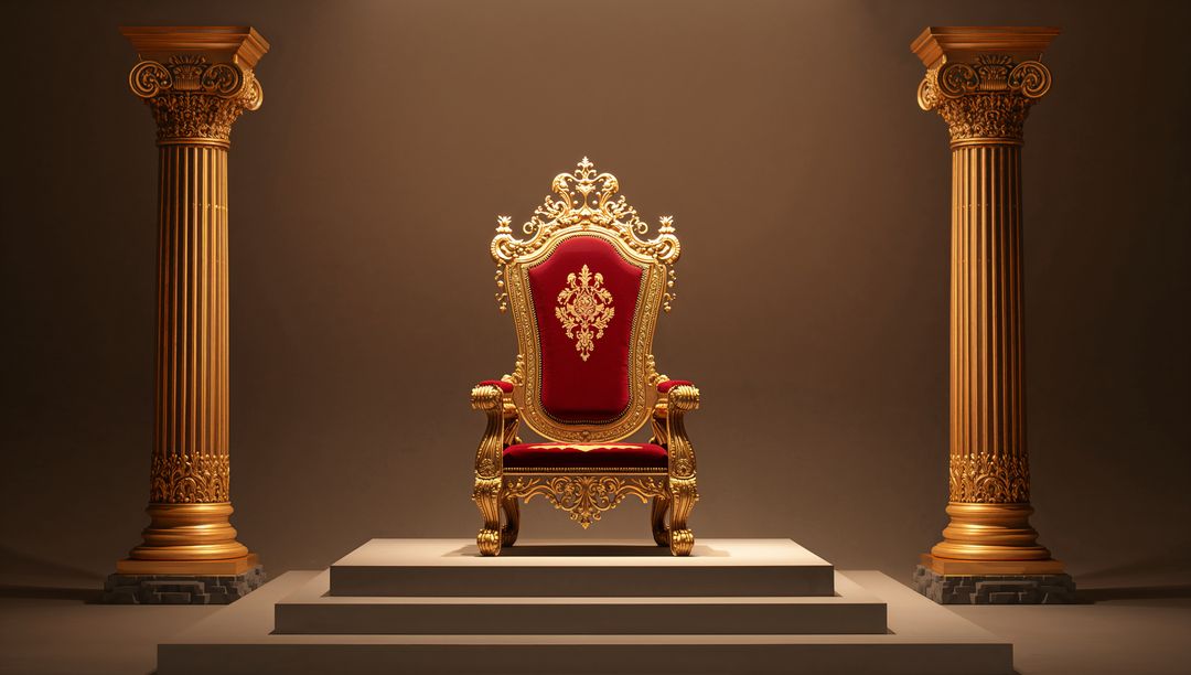 Opulent Red Velvet Throne Between Golden Columns in Lavish Palace Hall