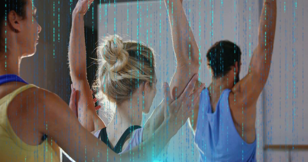 Ballet trio practicing at barre with instructor adjusting posture and tech glitch overlay