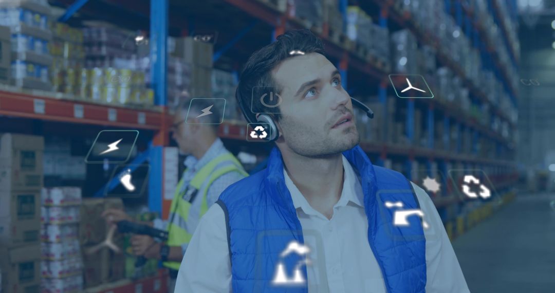 Warehouse Worker Wearing Headset Using AR Icons for Inventory and Fulfillment