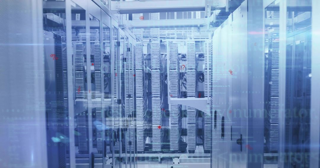 Glass-Fronted Server Racks in High-Tech Data Center with Blue LED Ambient Lighting