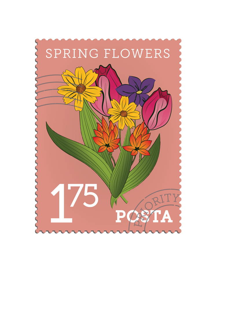 Colorful Spring Flowers Postal Stamp Illustration on Transparent Background - Download Free Stock Images Pikwizard.com