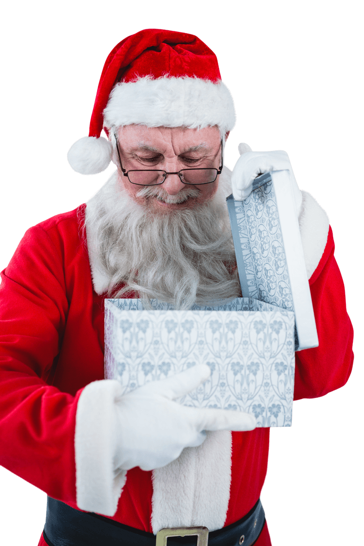 Transparent Santa Claus Checking a Gift Box Contents