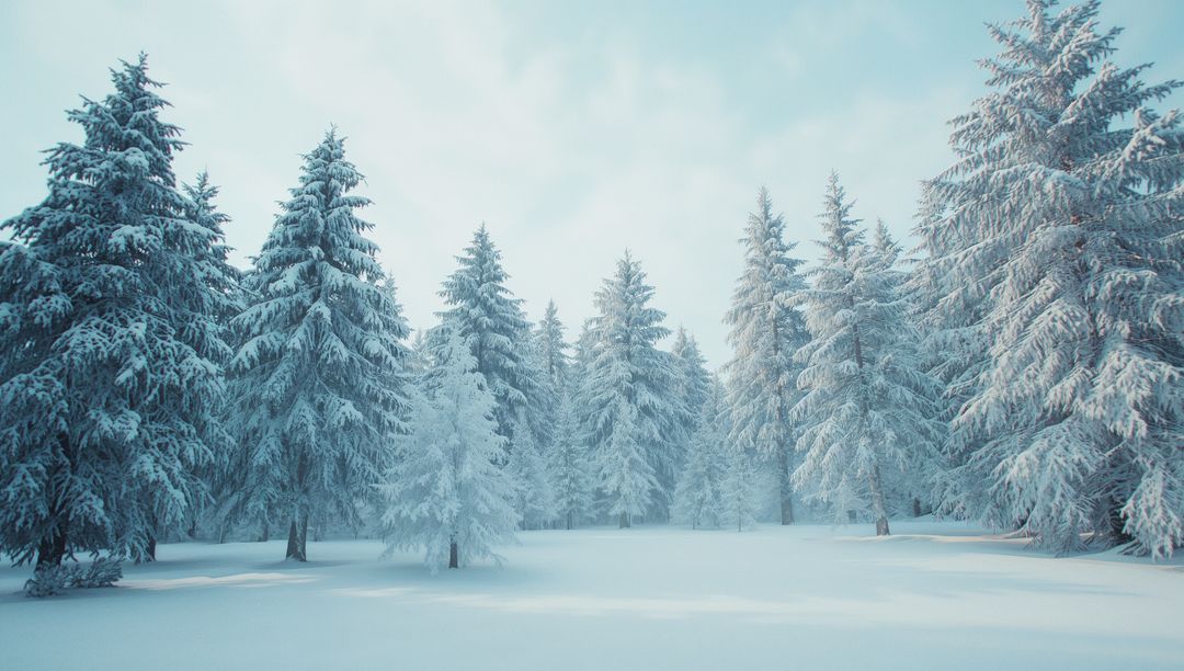 Tranquil Snowy Evergreen Forest in Winter Clearing