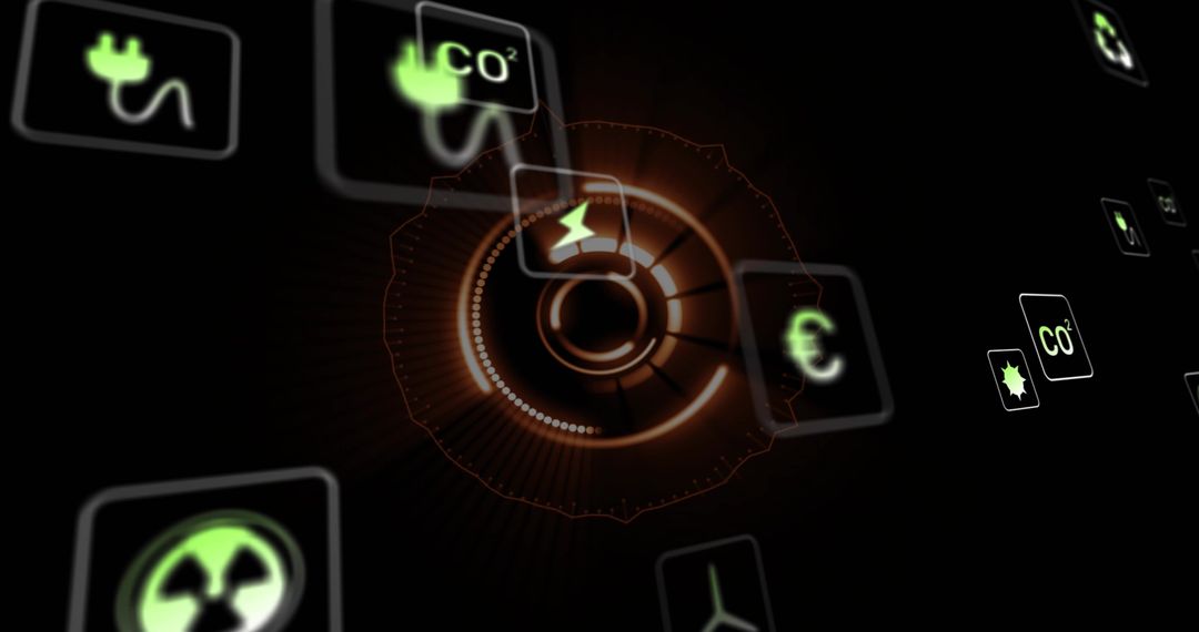 Futuristic energy HUD dashboard glowing orange with floating green icons for analytics