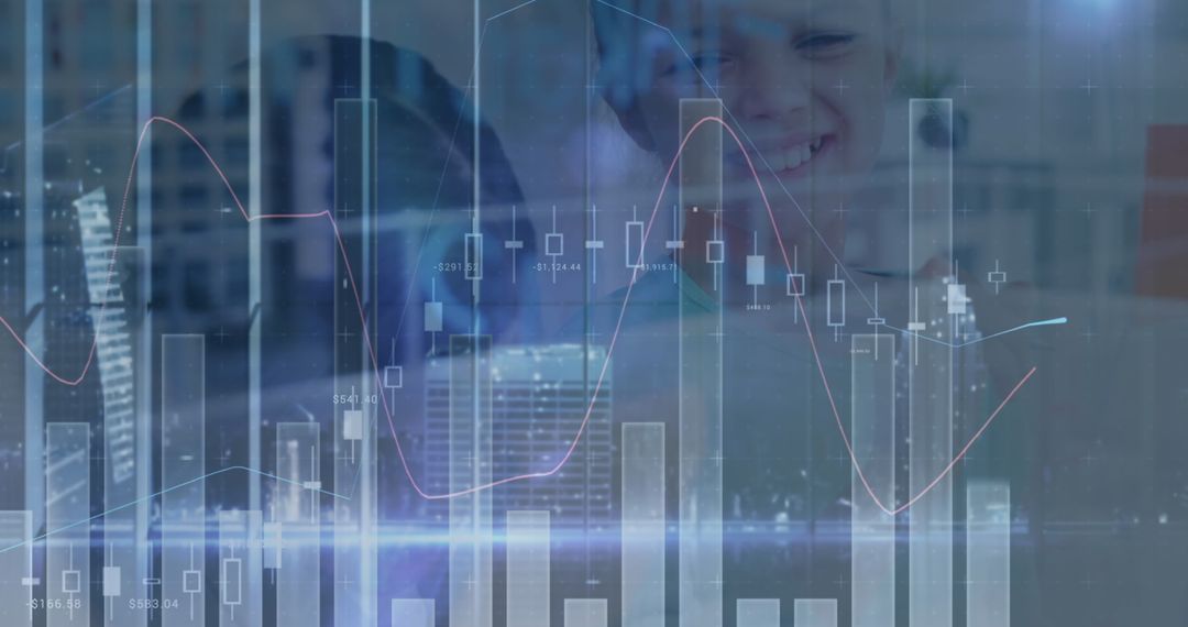 Happy Schoolgirl Blended with Financial Data Visuals