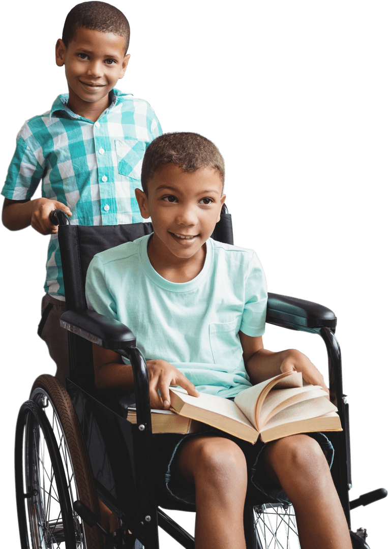 Smiling Boy Pushing Friend on Wheelchair with Book and Transparent Background