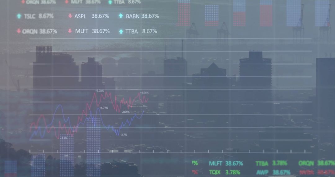 City Skyline with Digital Data Overlay Depicting Financial Growth