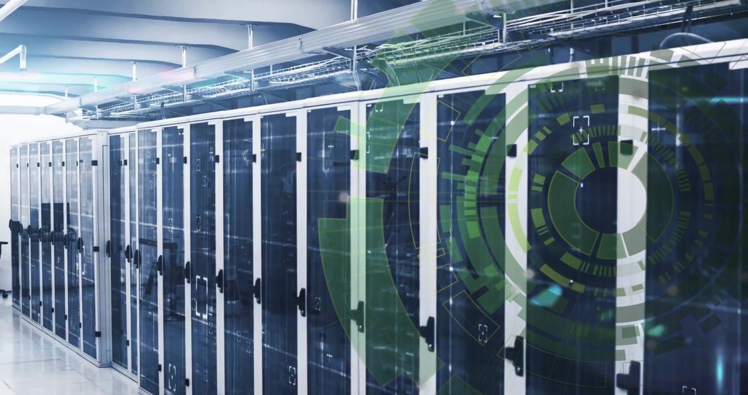 Futuristic Data Center with Servers and Digital Overlay