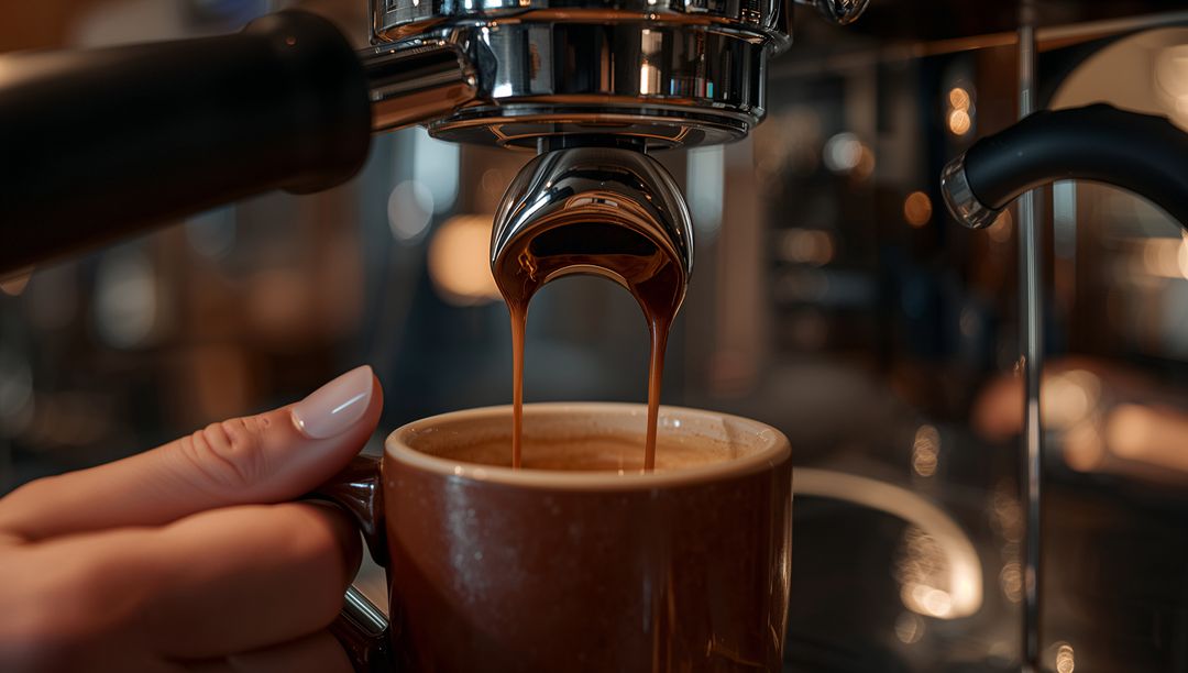 Closeup espresso extraction pouring double crema stream into ceramic cup on espresso machine