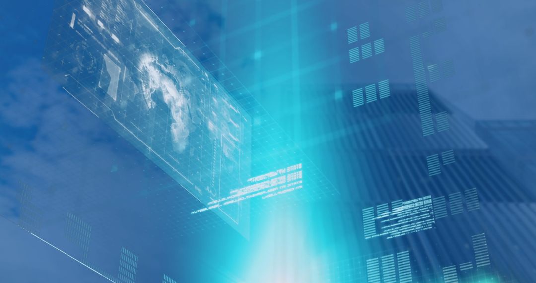 Futuristic Digital Interface with Data Processing and Urban Skyline