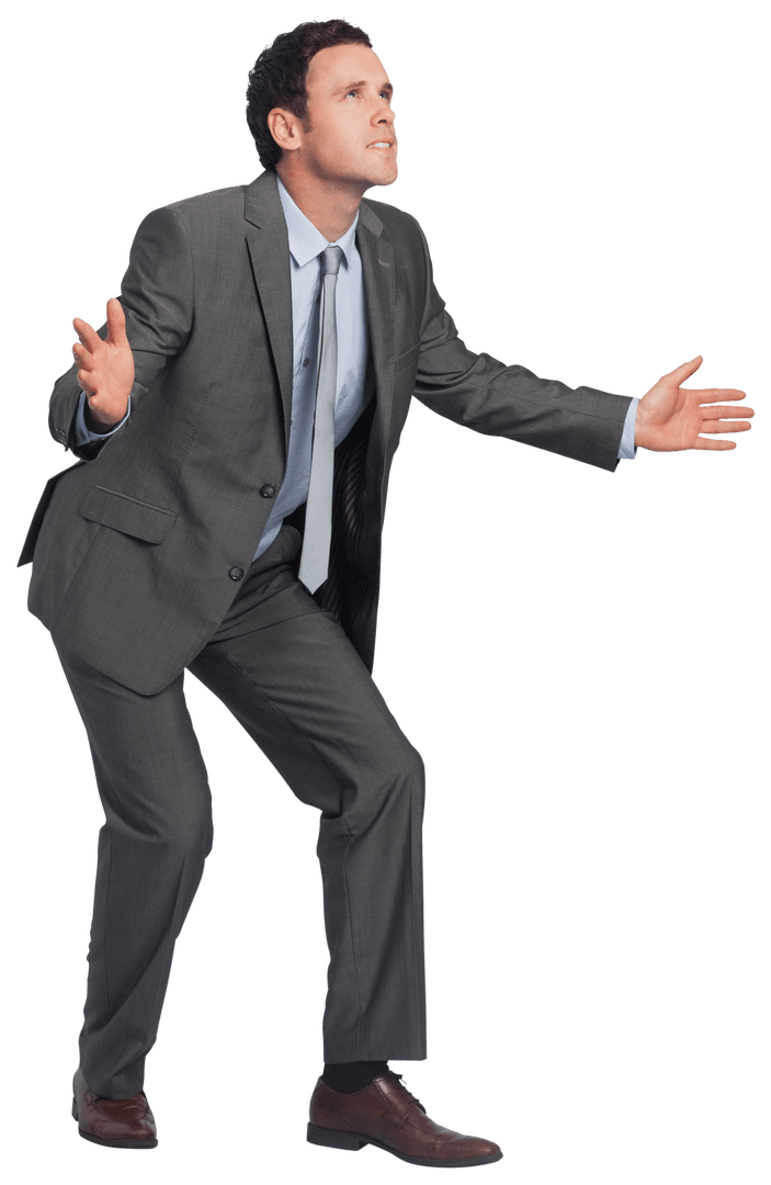 Confused Businessman Gesturing with Arms in Transparent Background