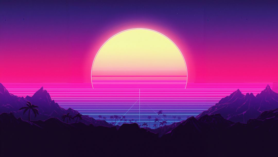 Synthwave Neon Sunset Over Ocean with Retro Grid, Scanlines and Mountain Silhouettes
