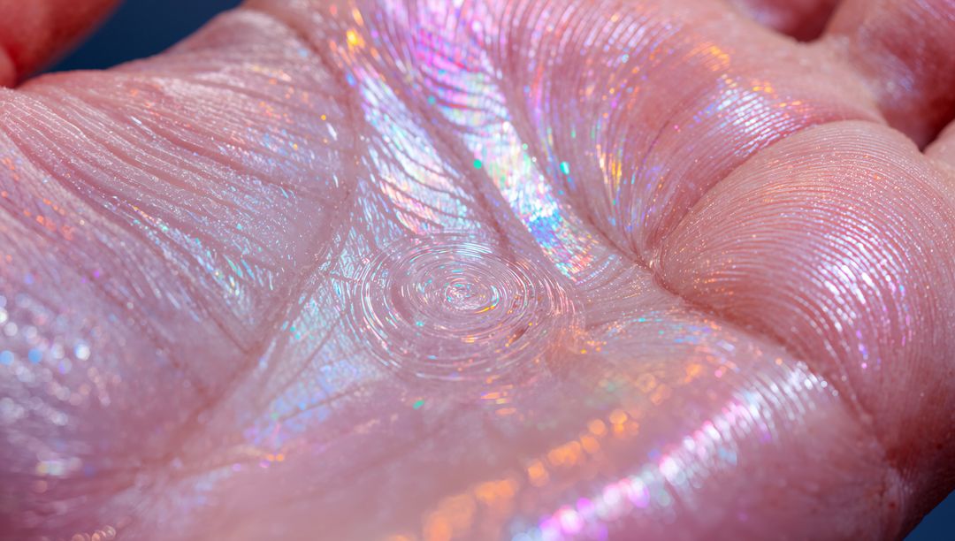 Palm showing iridescent glitter and water droplet ripples, macro shimmer with rainbow highlights