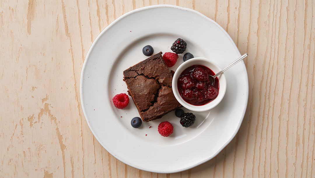 Rustic chocolate brownie with cherry compote and mixed berries on white ceramic plate