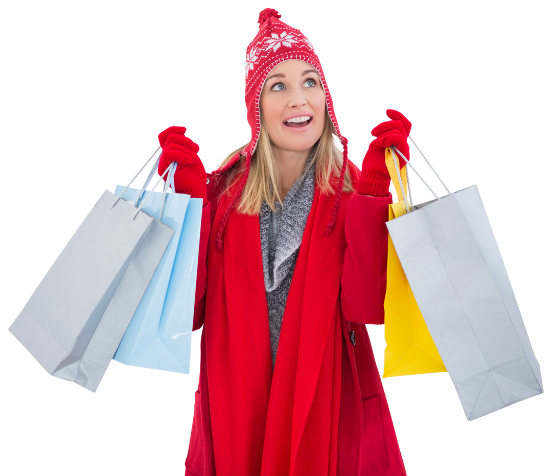 Blonde Woman in Winter Clothes Holding Shopping Bags with Happy Expression, Transparent - Download Free Stock Images Pikwizard.com