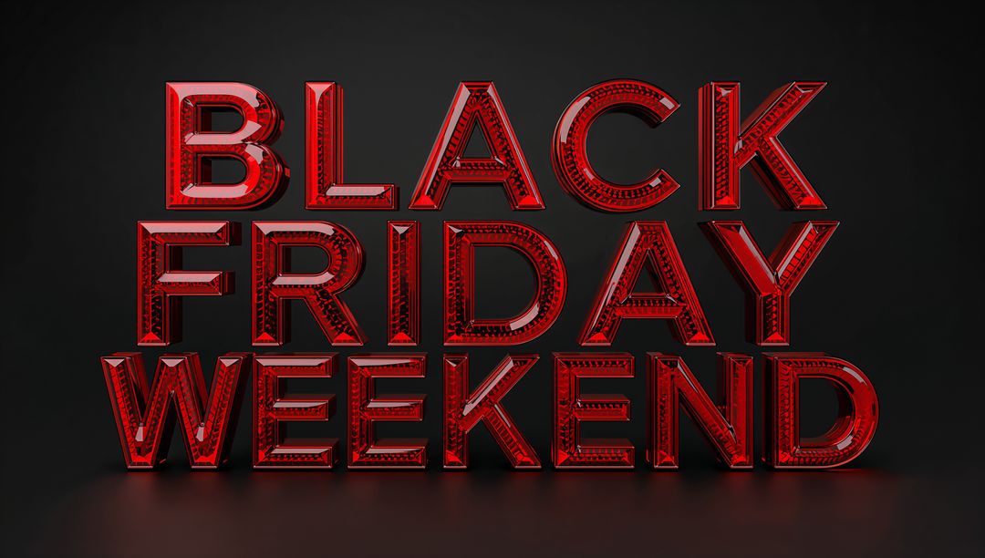 Glossy Red 3D Black Friday Weekend Text on Dark Reflective Floor Beveled Retail Typography