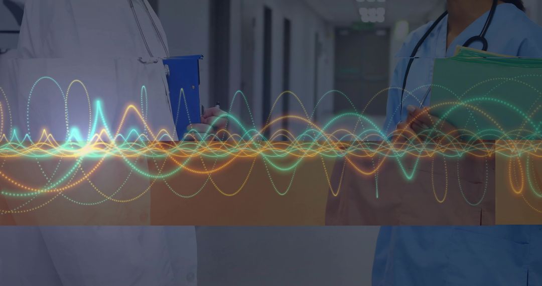 Healthcare Professionals Discussing in Hospital with Report Data Overlay