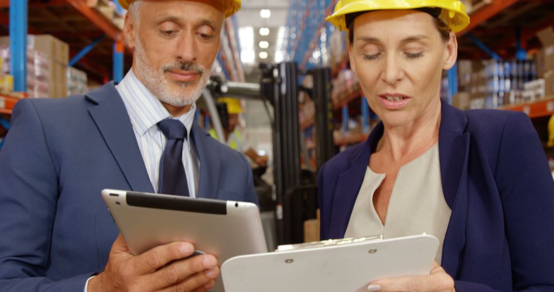 Warehouse Managers Collaborating on Digital Devices