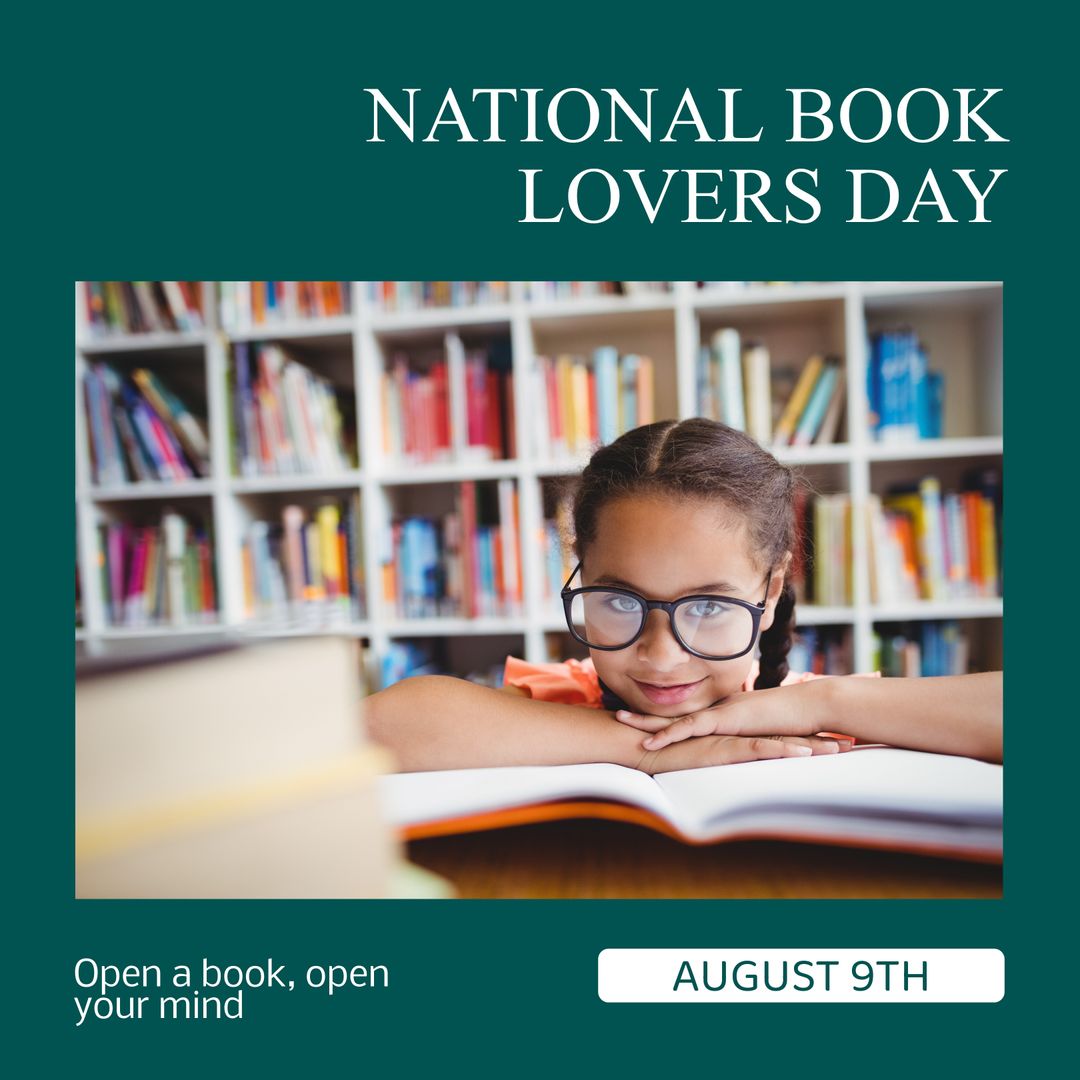 Happy National Book Lovers Day Celebration with Smiling Girl and Open Book