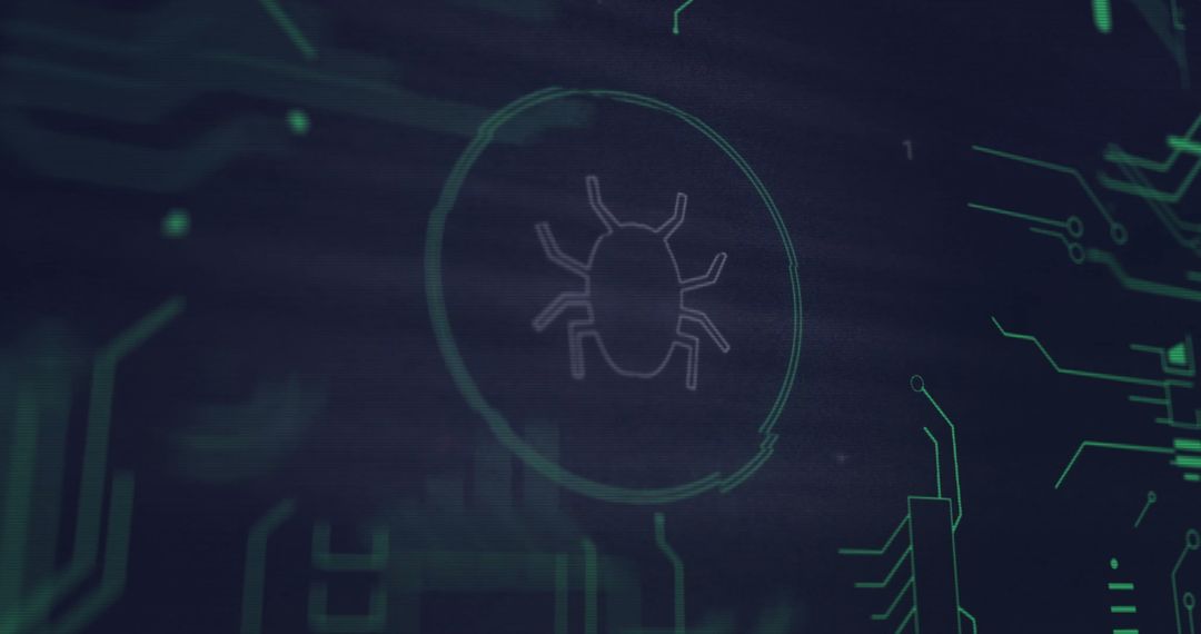 Digital Cybersecurity with Bug Icon on Circuit Interface